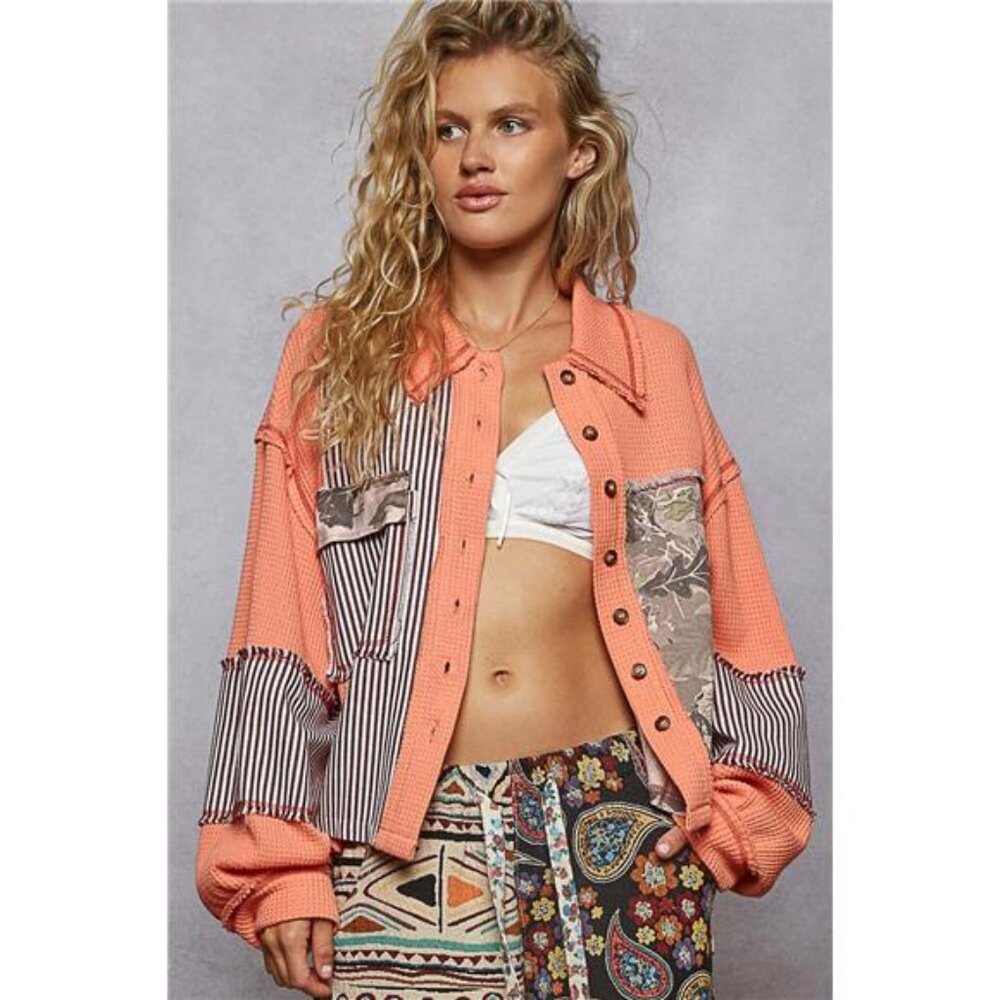 POL Button‎ Down Patchwork Multi-Pattern Jacket N… - image 1